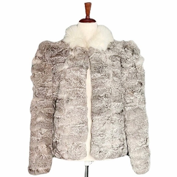 Vintage 80s Rabbit Fur Fox Tail Short Jacket Coat Made in Hong Kong Size Medium - Picture 3 of 15